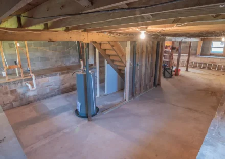 unfinished basement with exposed framing and concrete slab