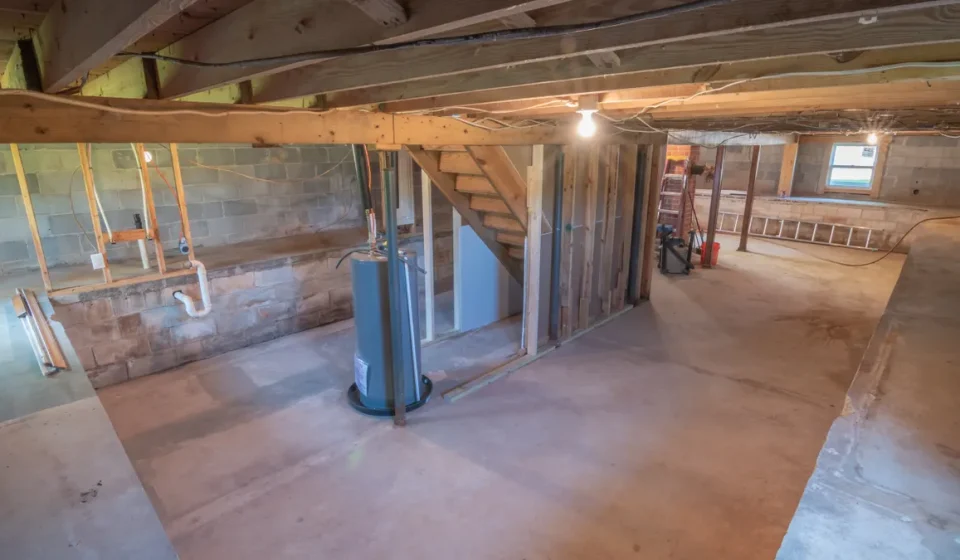 unfinished basement with exposed framing and concrete slab