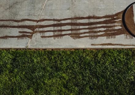 Concrete slab edge beside lawn with staining